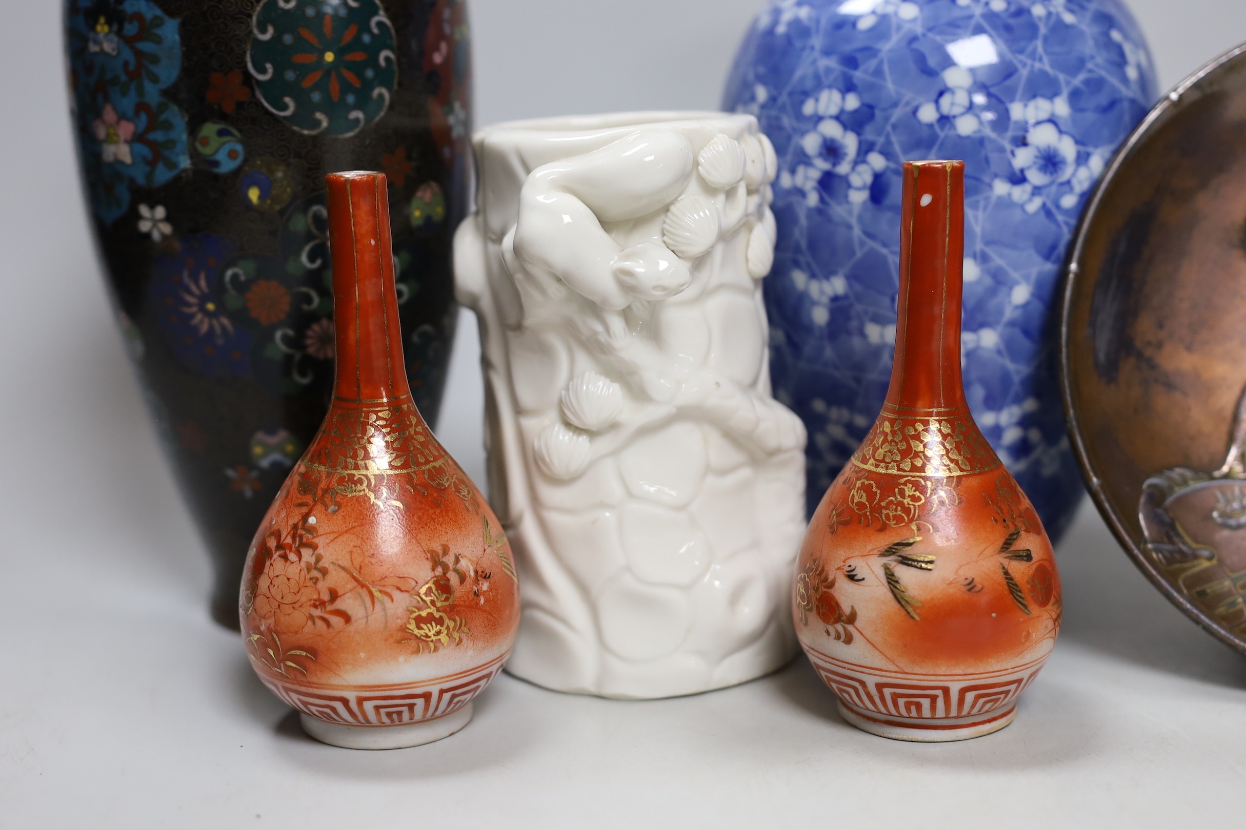 A pair of Japanese cloisonné enamel vases, four Japanese vases and an antimony dish. Tallest 22cm